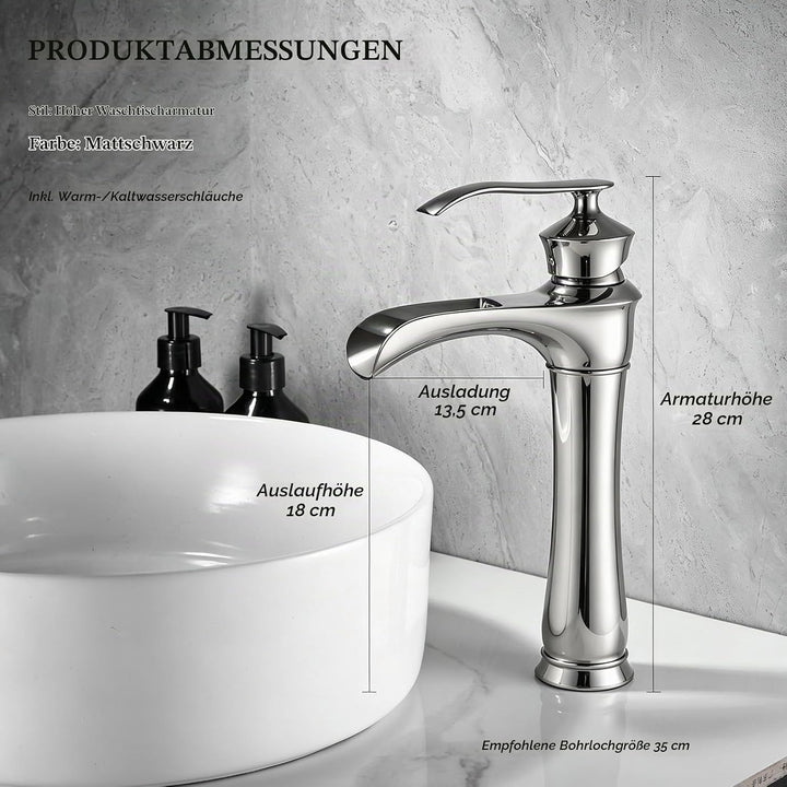 Hochbecken Wasserfall Waschtischarmatur Messing Einhebelmischer Chrom, Chrom