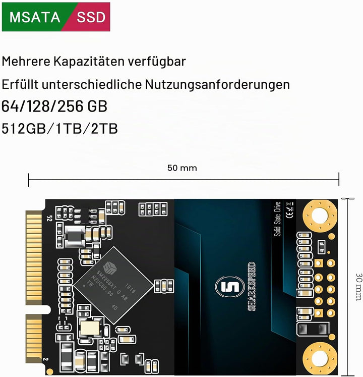mSATA SSD 64GB Mini SATA 3 (6Gb/s) TLC 3D NAND SSD Festplatte Interne Solid State Drive für Notebook