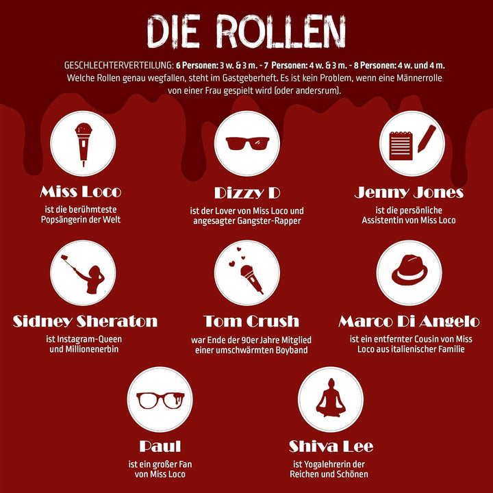 Mord bei Tisch Krimidinner für Zuhause - 6 bis 8 Personen - Der Backstage Fall - Das Krimi Spiel ab