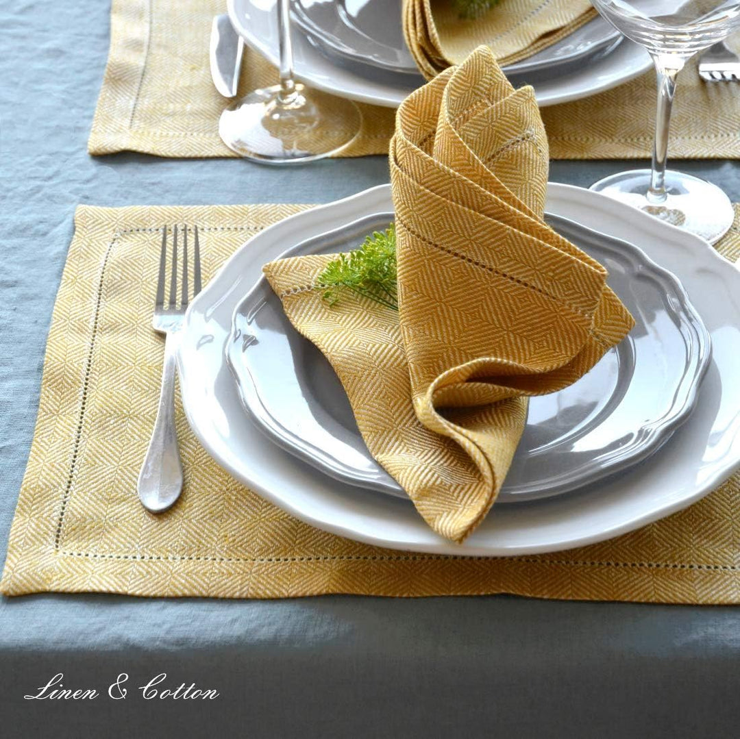 Linen & Cotton Hochwertig Tischsets Platzsets mit Hohlsaum Scandi - 100% Leinen, Gelb (30 x 44cm, 2