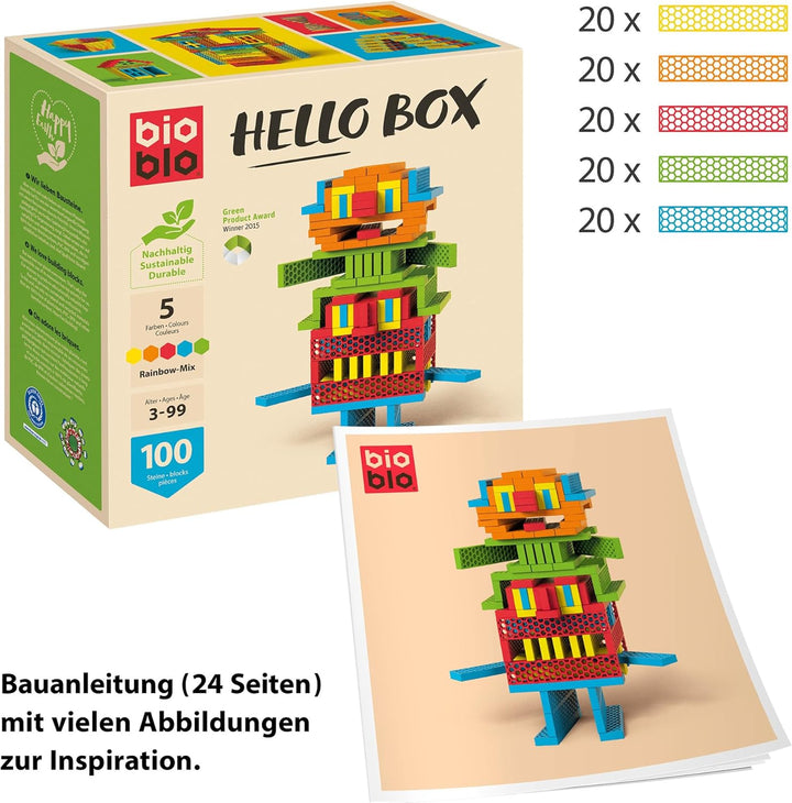bioblo Nachhaltige Holzklötze Hello Box Rainbow 100 Stück | Steinbaukasten, Klötzchen, Geschenk für