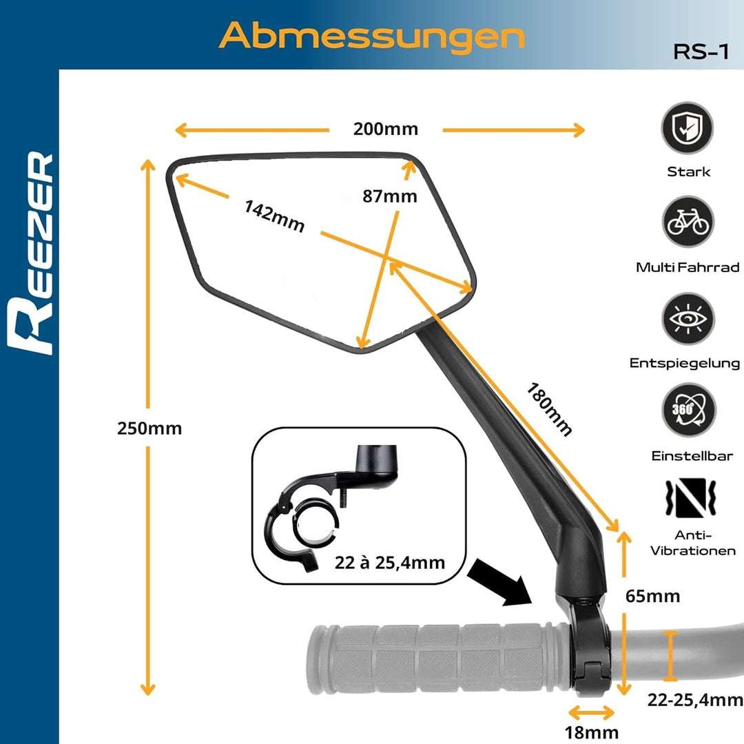 REEZER Fahrradspiegel rechts mit extra grosser Spiegelfläche - 360° verstellbarer Fahrrad Spiegel fü