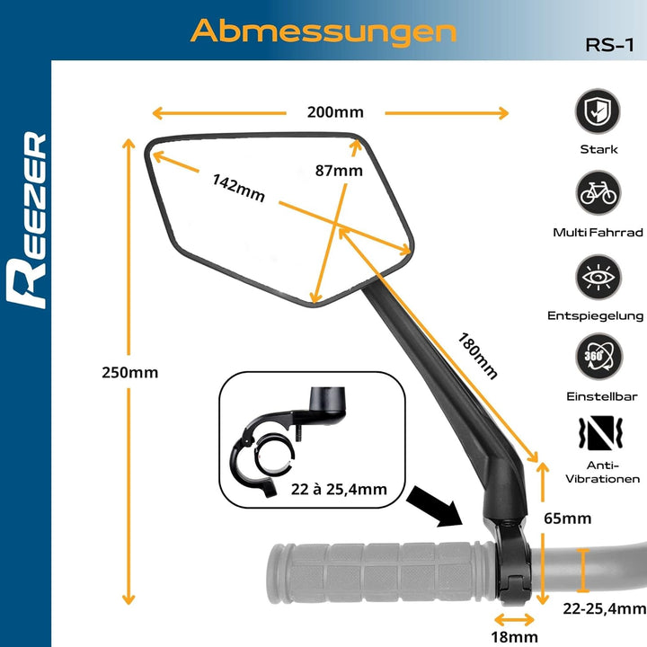 REEZER Fahrradspiegel rechts mit extra grosser Spiegelfläche - 360° verstellbarer Fahrrad Spiegel fü