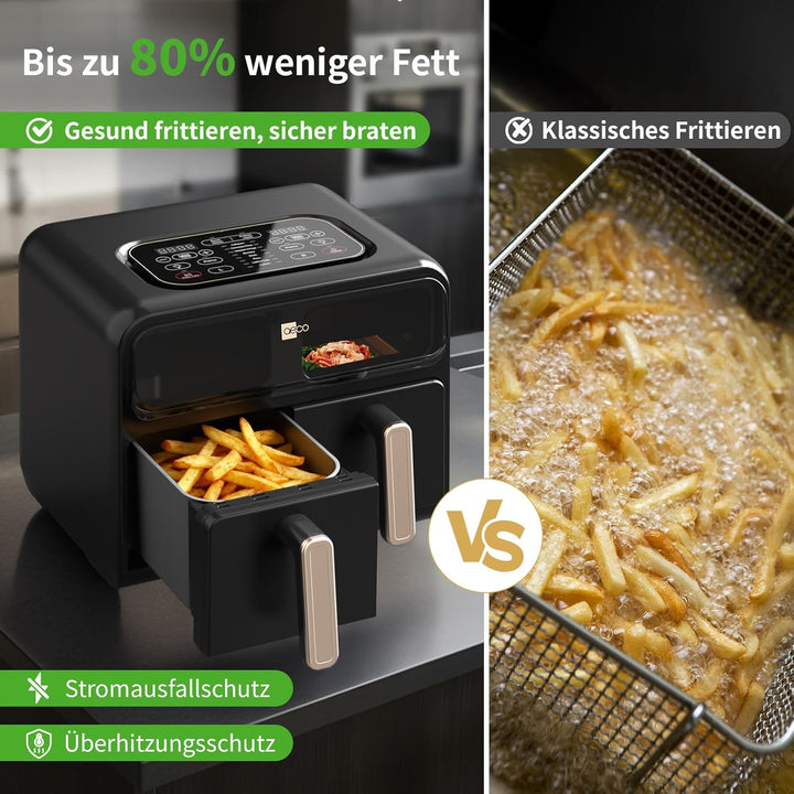 aeco FryQ ELITE Duo XL8 Heissluftfritteuse2 Kammern | Dual Zone Airfryer 8L gesamt | Mit Sichtfenste