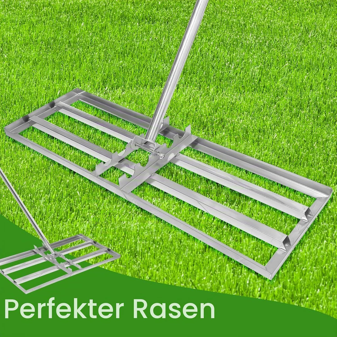 Rasenrakel 75x25cm Rasen Rakel, Garten Rasenrakel Edelstahl mit 2m Stiel, Nivellierrechen Müheloses