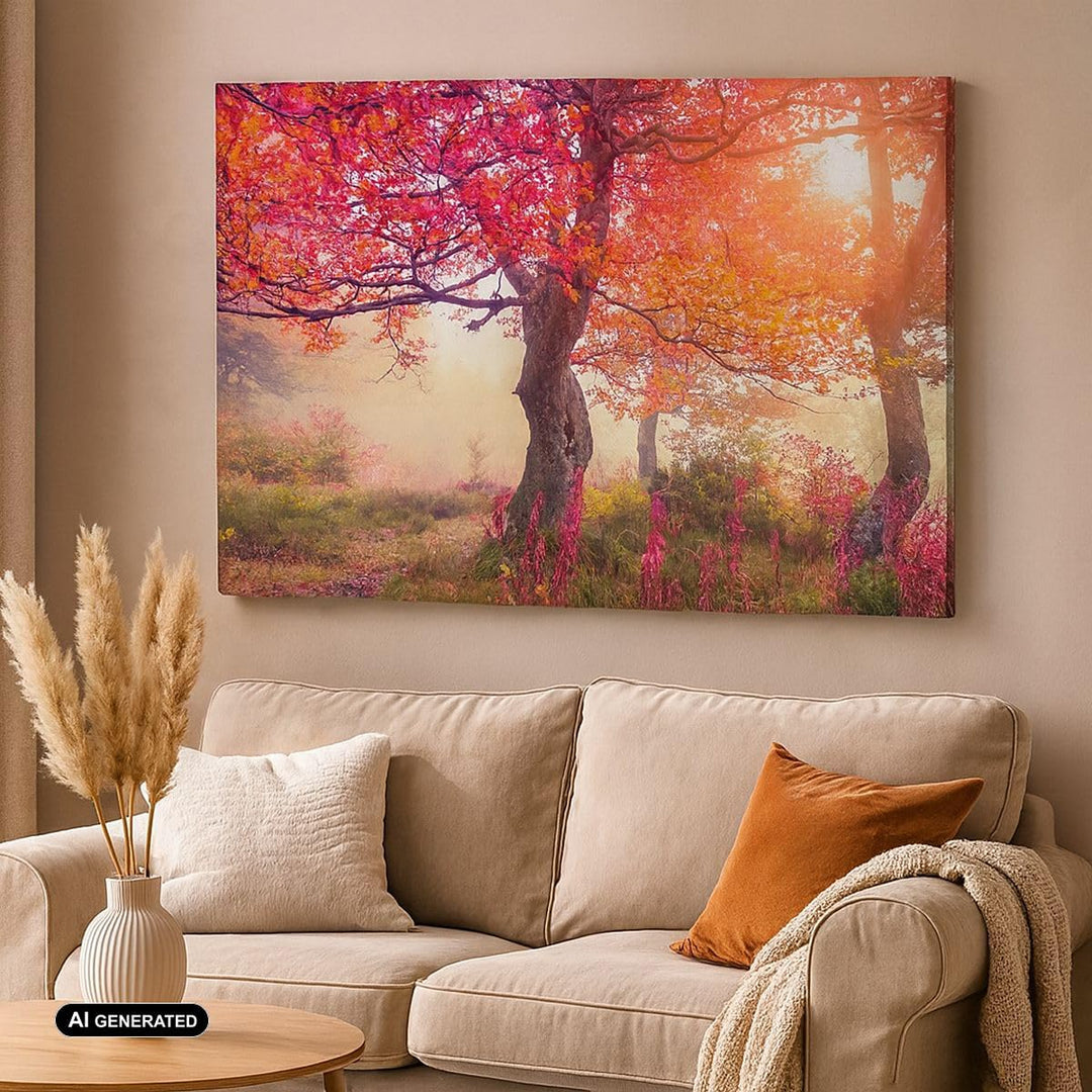 Bilder auf Leinwand 100x70cm Leinwandbild mit Rahmen Baum Natur Wiese Gross Wanddeko Bild Schlafzimm
