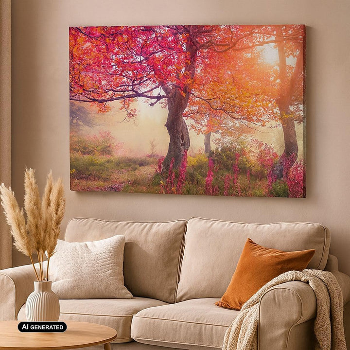 Bilder auf Leinwand 100x70cm Leinwandbild mit Rahmen Baum Natur Wiese Gross Wanddeko Bild Schlafzimm