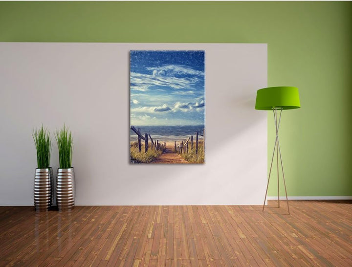 Pixxprint Weg zum Strand am Meer Kunst Buntstift Effekt, Format: 100x70 auf Leinwand, 100x70