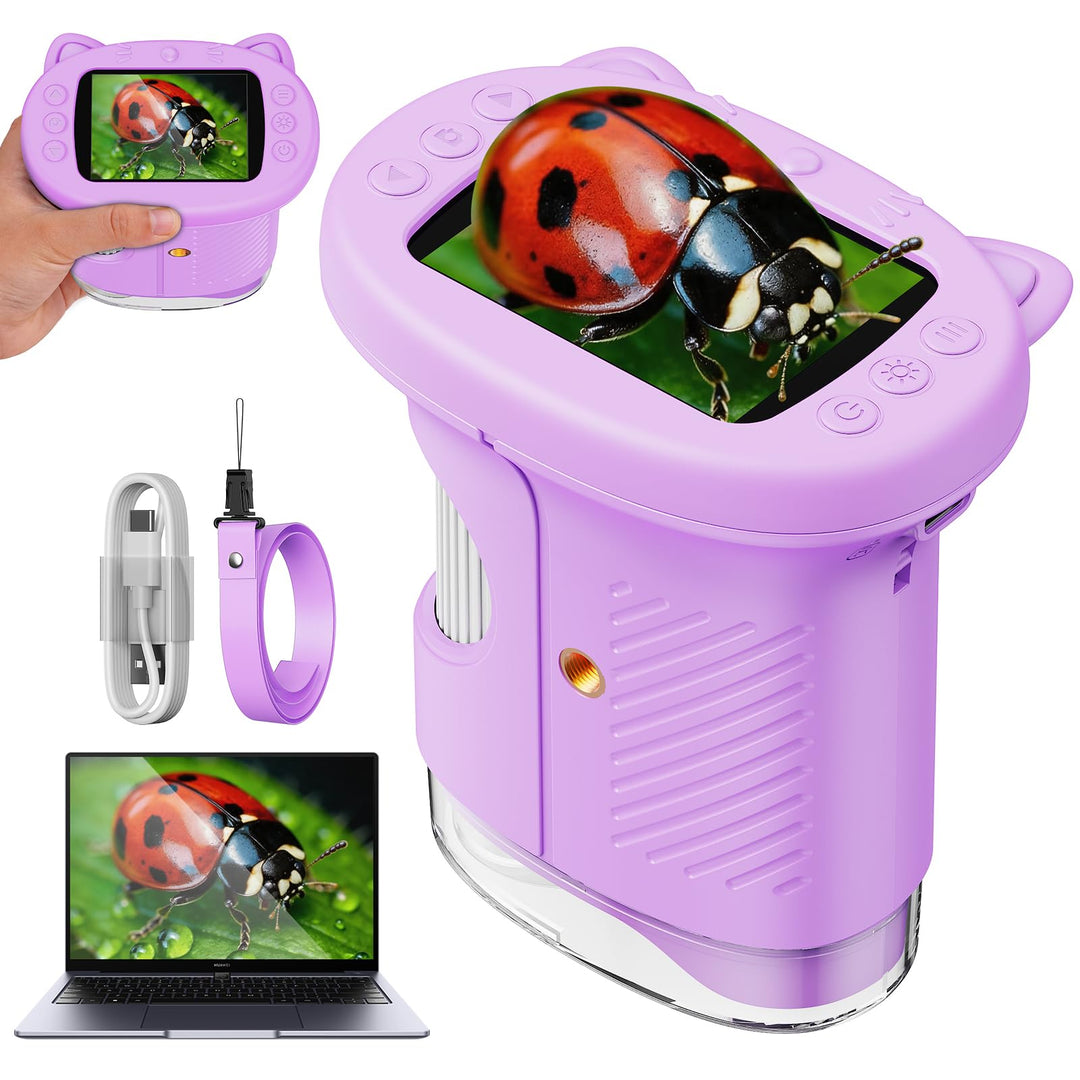 Tragbares Mikroskop für Kinder, 1000x Digitales Handmikroskop Kinder mit 2,4 Zoll IPS Bildschirm, Fo