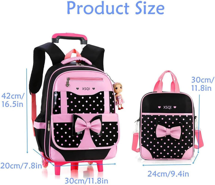 6-Räder Trolley-Rucksack für Mädchen und Kinder Schultasche für Grundschule Schwarz, 42x30x20cm 0108