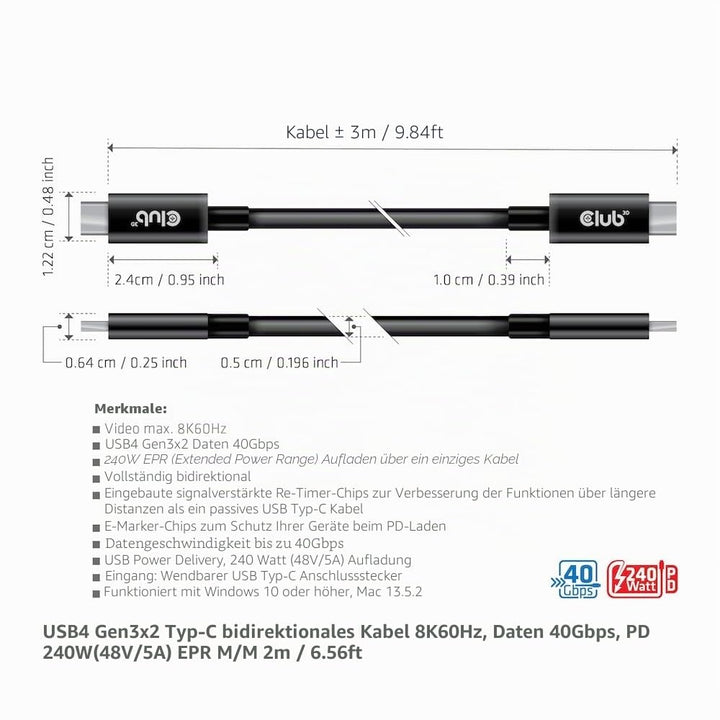 Club3D CAC-1579 USB4 Gen3x2 Type-C Bi-Direktionale Kabel 8K60Hz oder 4K120Hz, Data 40Gbps, PD 240W(4
