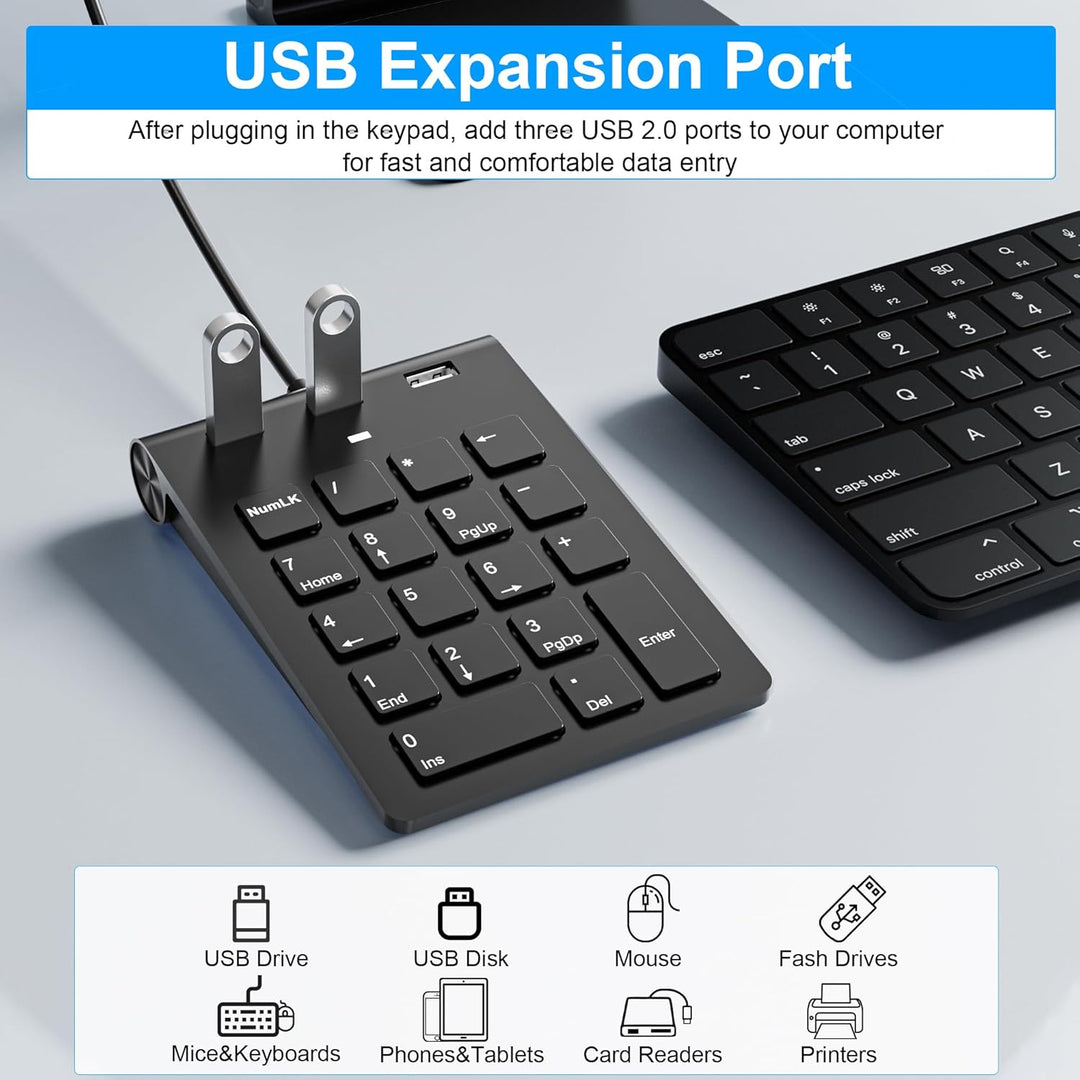 Numeric Keypad Wired Numpad, USB A/USB C Ziffernblock Ergonomischer Mini Nummernblock mit 3 USB 2.0