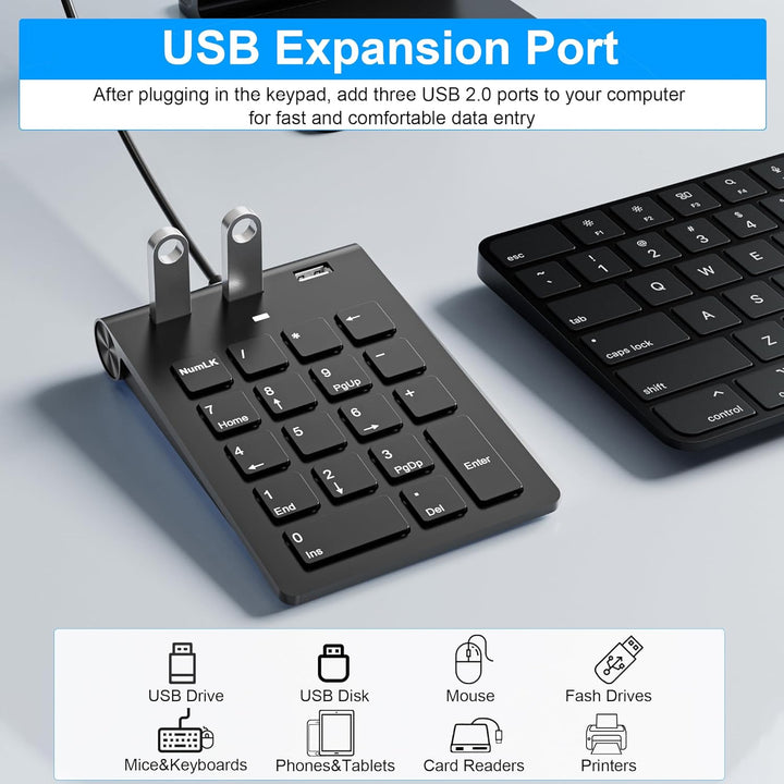 Numeric Keypad Wired Numpad, USB A/USB C Ziffernblock Ergonomischer Mini Nummernblock mit 3 USB 2.0