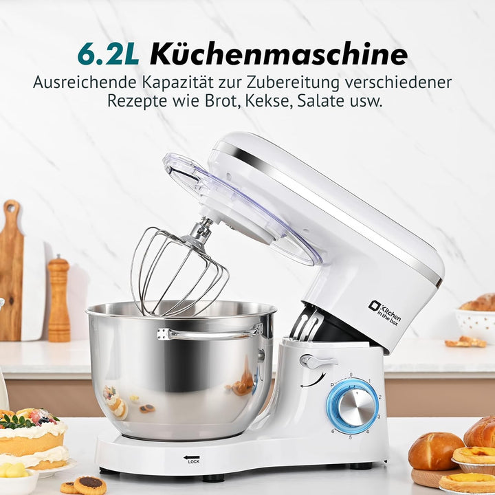 Kitchen in the box Küchenmaschine, 6,2 L Knetmaschine 1400 W, 6 Geschwindigkeits Teigmaschine mit Rü