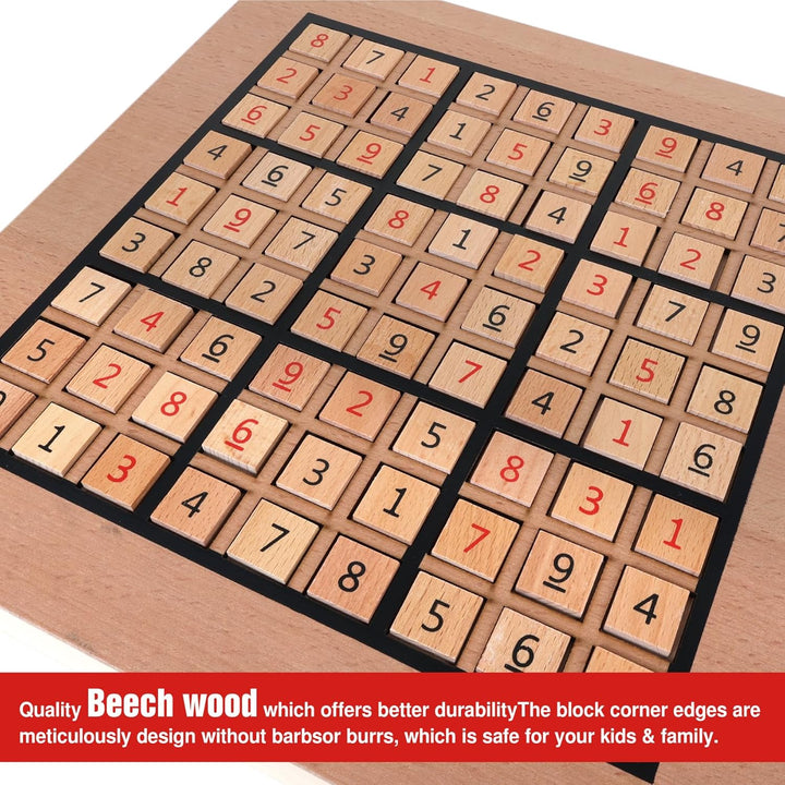 Sudoku Holzspiel mit Sudoku Brett, 90 Grossen Zahlen und Denksteinen & 2 Aufbewahrungsschubladen – D