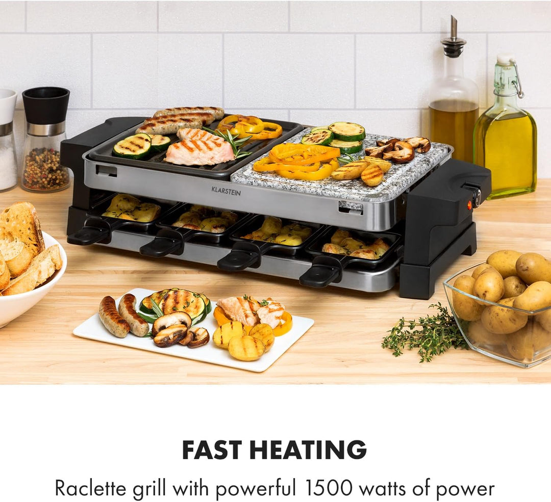 Klarstein Sirloin Raclette-Grill, 1500 Watt, 2-in-1: Aluminium-Grillplatte &amp; Natursteinplatte, Edels