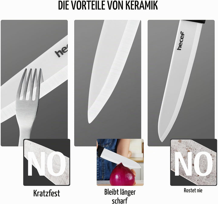 hecef Keramikmesser set 3-teilig mit Messer, Scharf Küchenmesser Set Nie Eingerostet, Keramik 6&