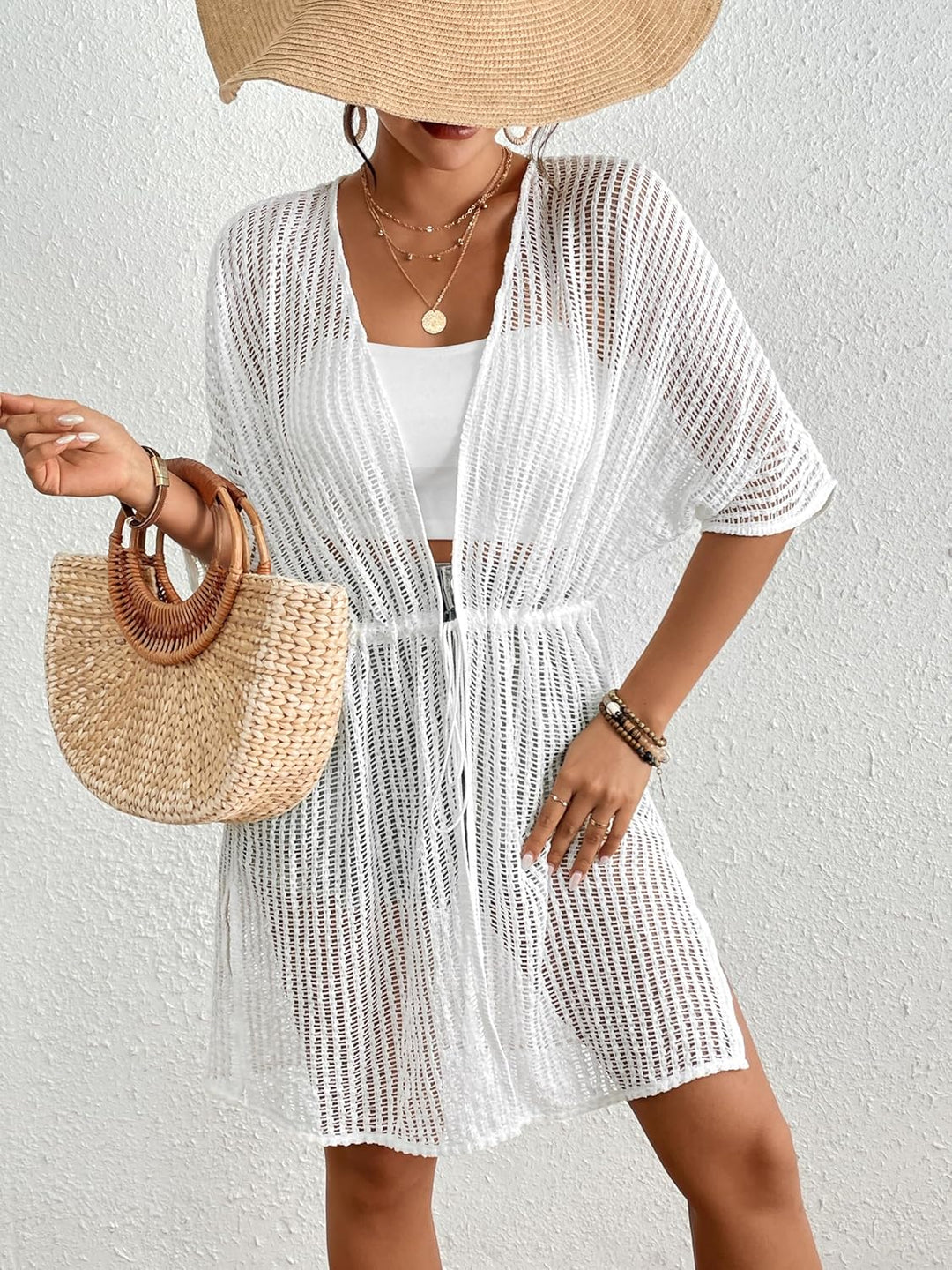 Bsubseach Damen Sexy Lace Crochet Open Front Badeanzug Strand Lange Kimono Cover Ups Weiss/Opulenter
