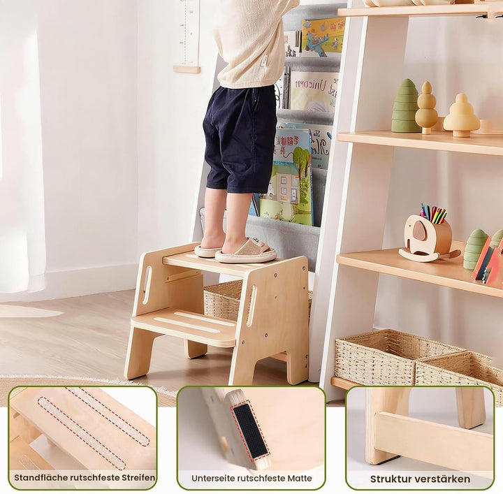 Tritthocker Kinder 2 Stufen,Fussbank Holz mit Griffen und Rutschfesten Fusspads,Stabiler Tritthocker