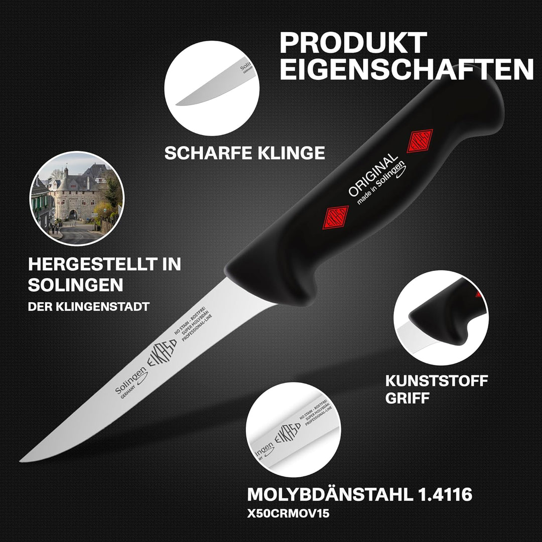 EIKASO Solingen Ausbeinmesser gerade 13cm Klinge steif aus Molybdänstahl 1.4116 Profi Fleischmesser