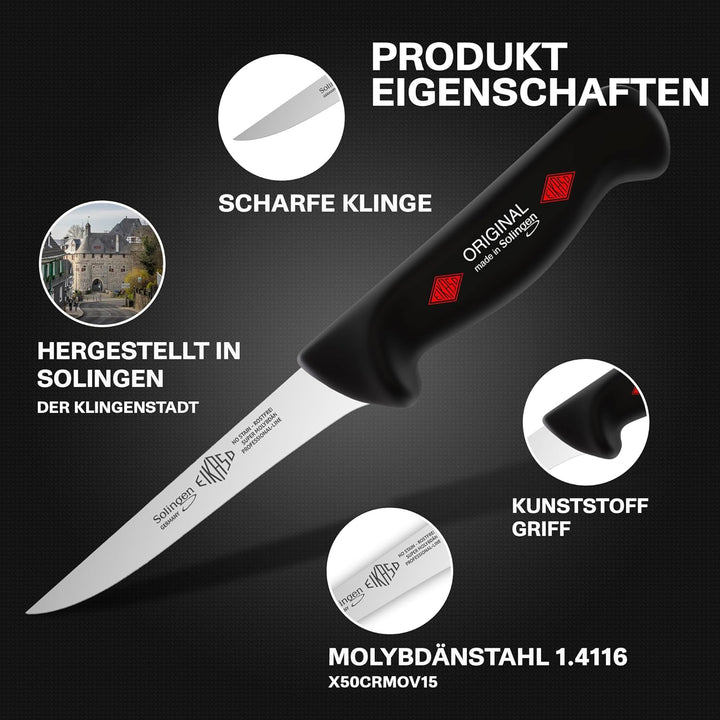 EIKASO Solingen Ausbeinmesser gerade 13cm Klinge steif aus Molybdänstahl 1.4116 Profi Fleischmesser