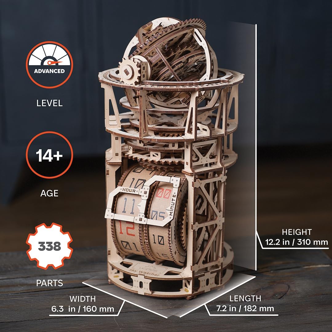 UGEARS Sky Watcher Schreibtischuhr – Vatertagsgeschenk, astronomische Tischuhr, Holzmodellbausätze f