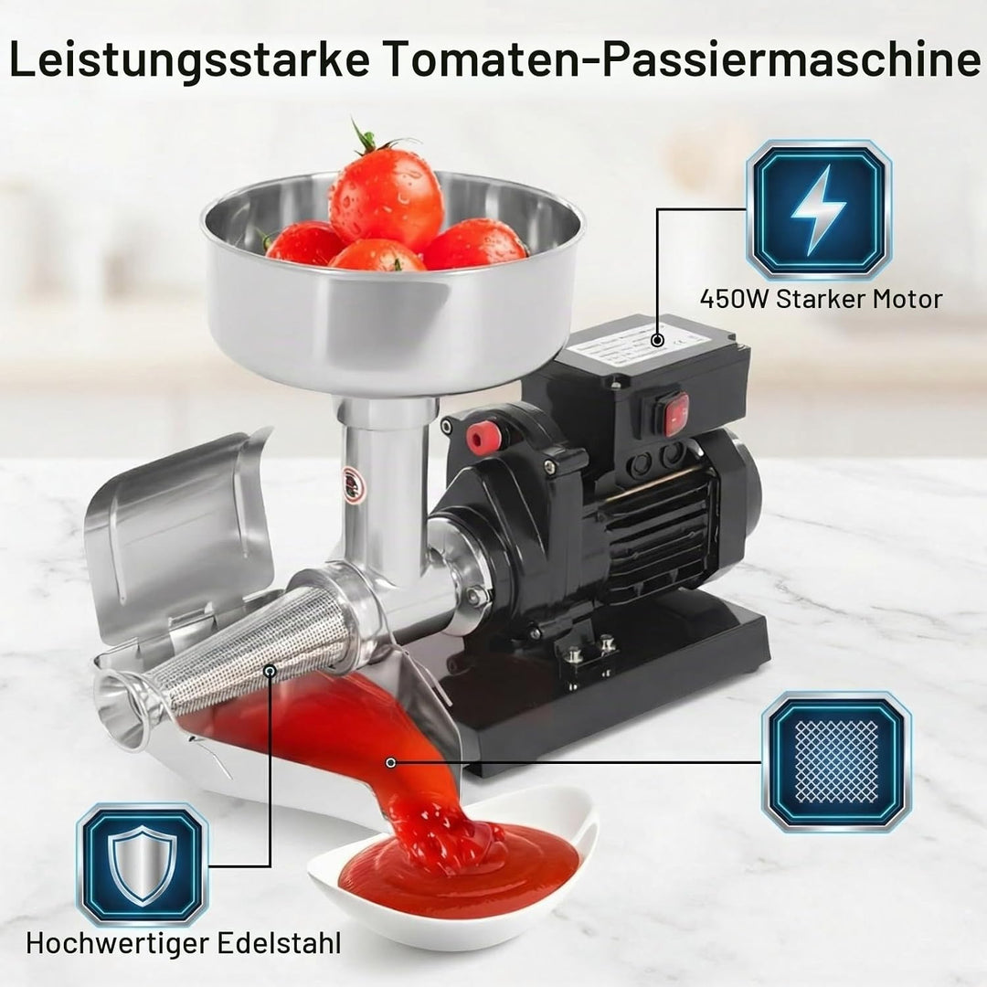 Tomatenpresse Elektrisch, 450W Tomatenpresse, 220V, Edelstahl, Kühlkörperlöcher für Ketchup, Blaubee
