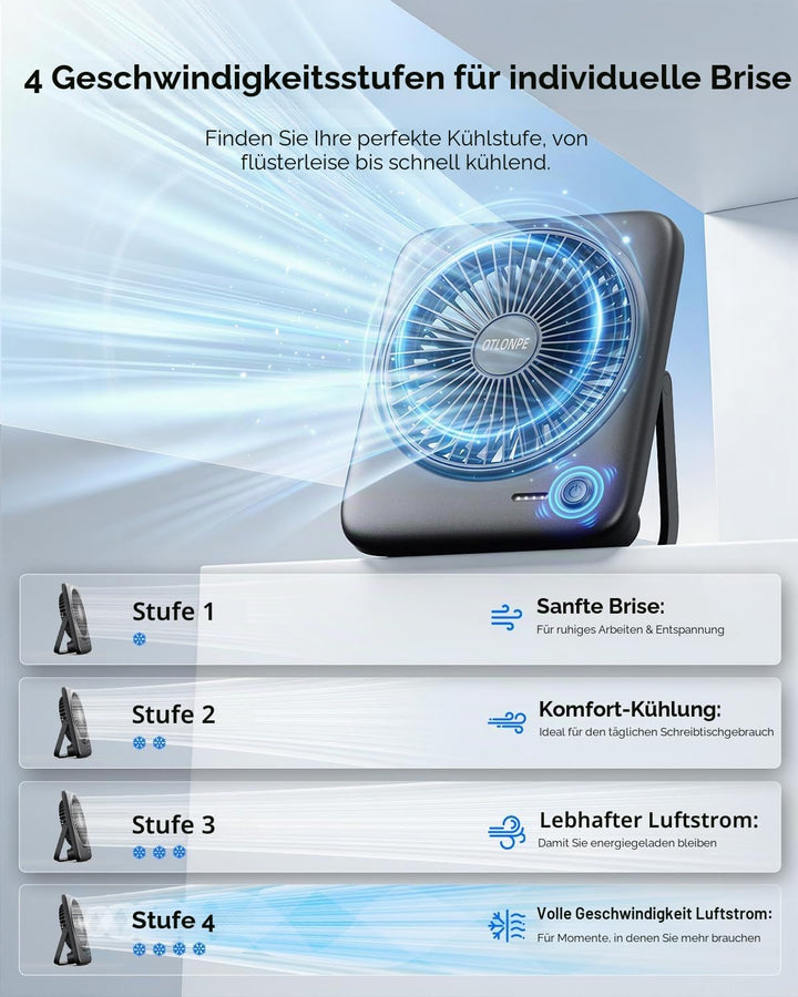 Otlonpe Tischventilator Leise, 4000mAh Akku Tisch Ventilator Tragbar, 4-Speed Tischventilatoren Klei