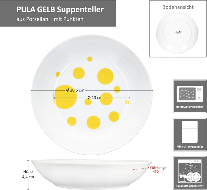 MamboCat Pula gelb 6er Set Suppenteller I 450ml I weisses Porzellan-Geschirr mit Punkten für 6 Perso