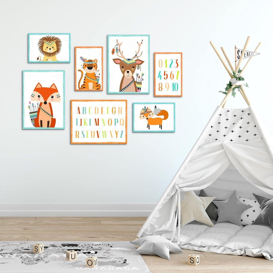 Novart Wandbilder Tiere - KOMPLETT AUFHÄNGFERTIG - Indianer Kinderzimmer Mädchen Junge- 7 Moderne Mo