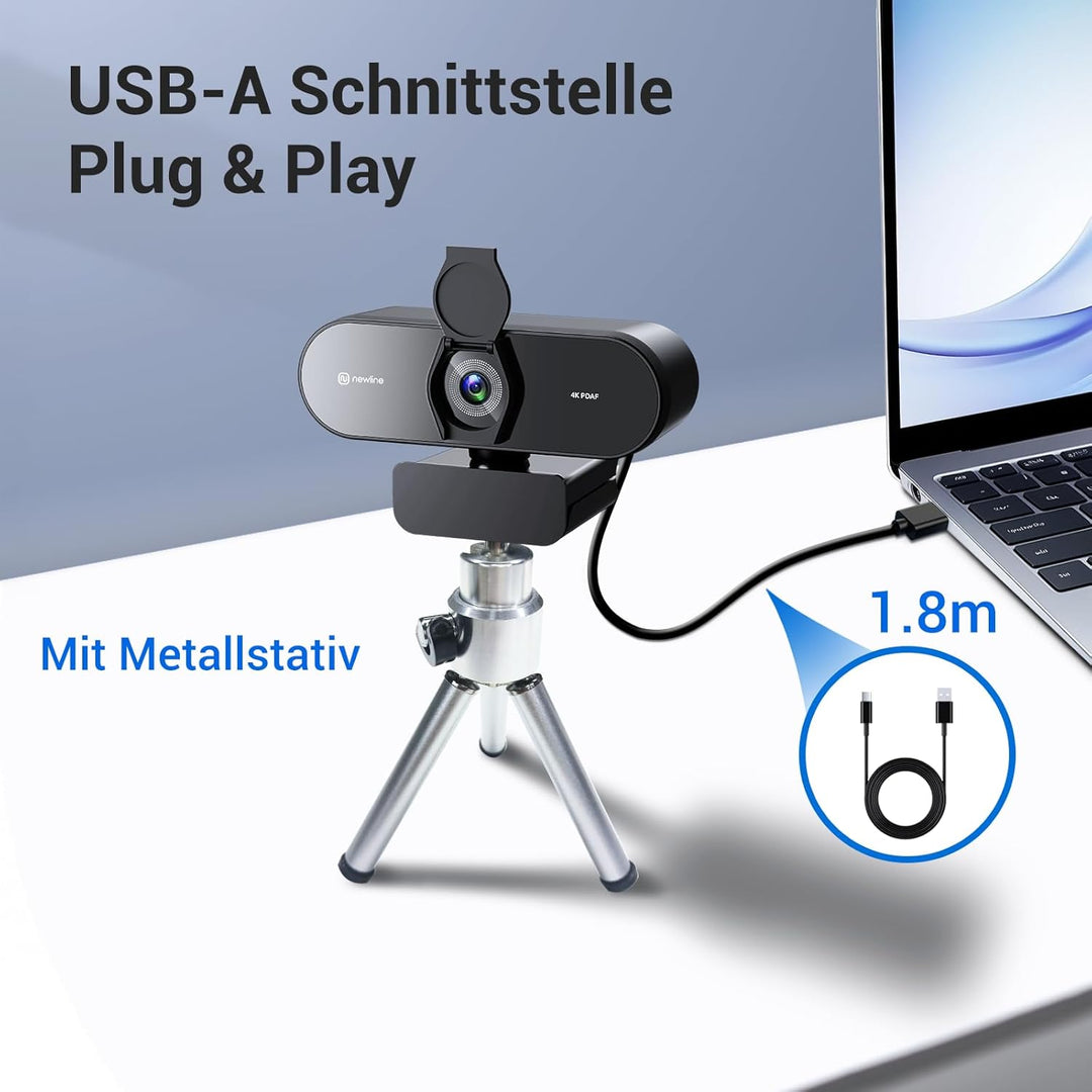 4k Webcam mit 2 Mikros & Metall Stativ, 1080p@60FPS, PDAF Autofokus in 1 Sekunde, Klar Stereo-Sound,