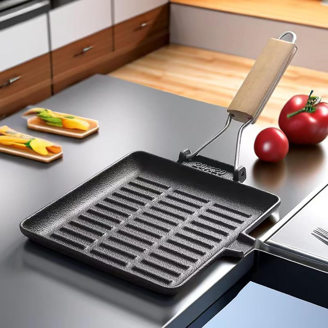 Steakpfanne Gusseisen Grillpfanne Klappbarer Holzgriff: 20×20cm Grill Pan Induktion Viereckige Pfann