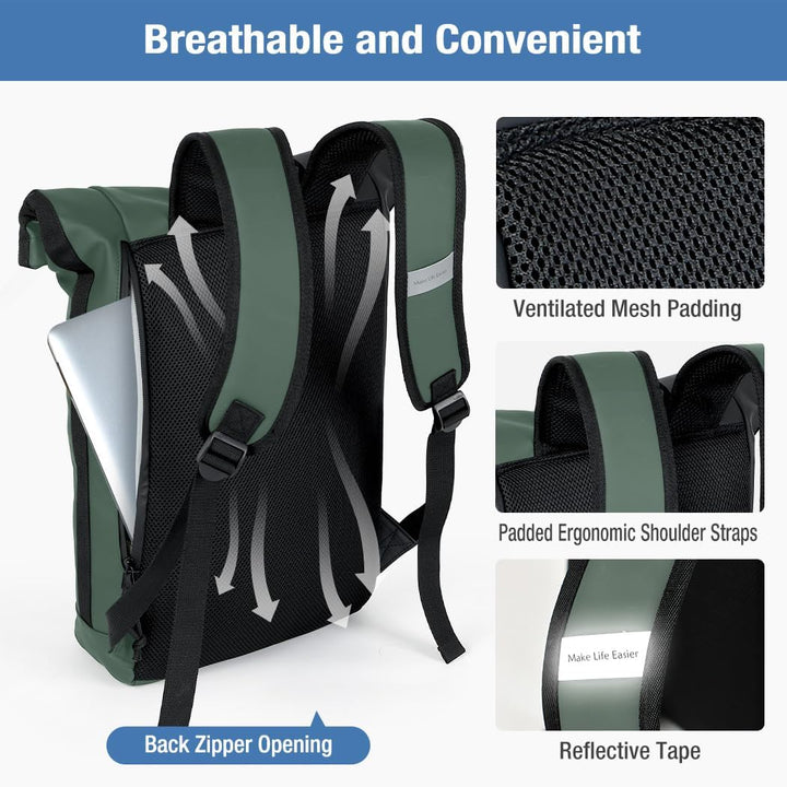 Lekeinchi Rolltop Rucksack Wasserdicht für Damen &amp; Herren, Grosser Laptop Rucksack mit Computerfach