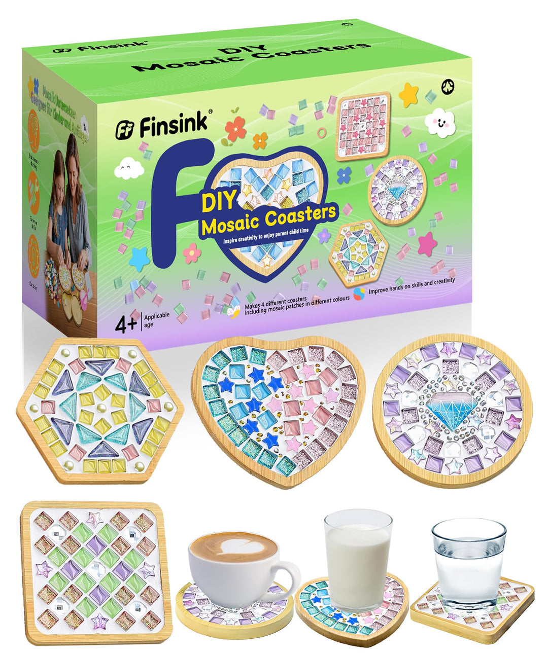 Finsink Mosaik bastelset kinder 4pcs mosaik untersetzer bastelset diy holz untersetzer Set Mosaikste
