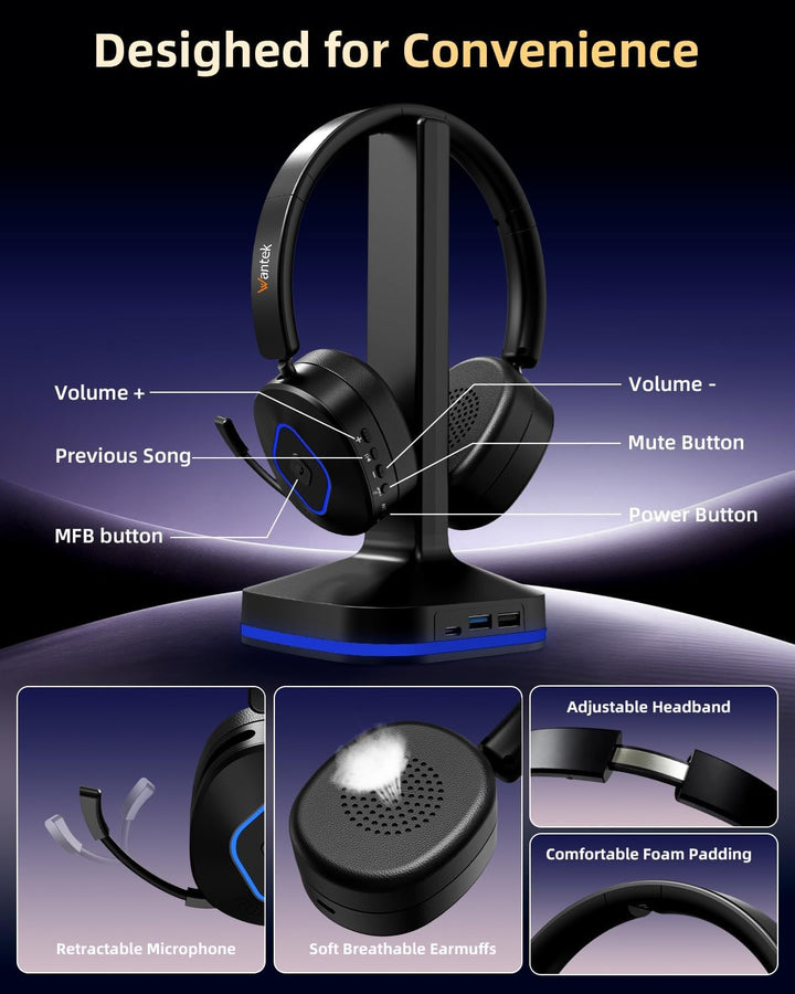 Wantek Bluetooth Headset mit Mikrofon & USB Dongle, Akku 45h+, Wireless Headset PC mit Noise Cancell