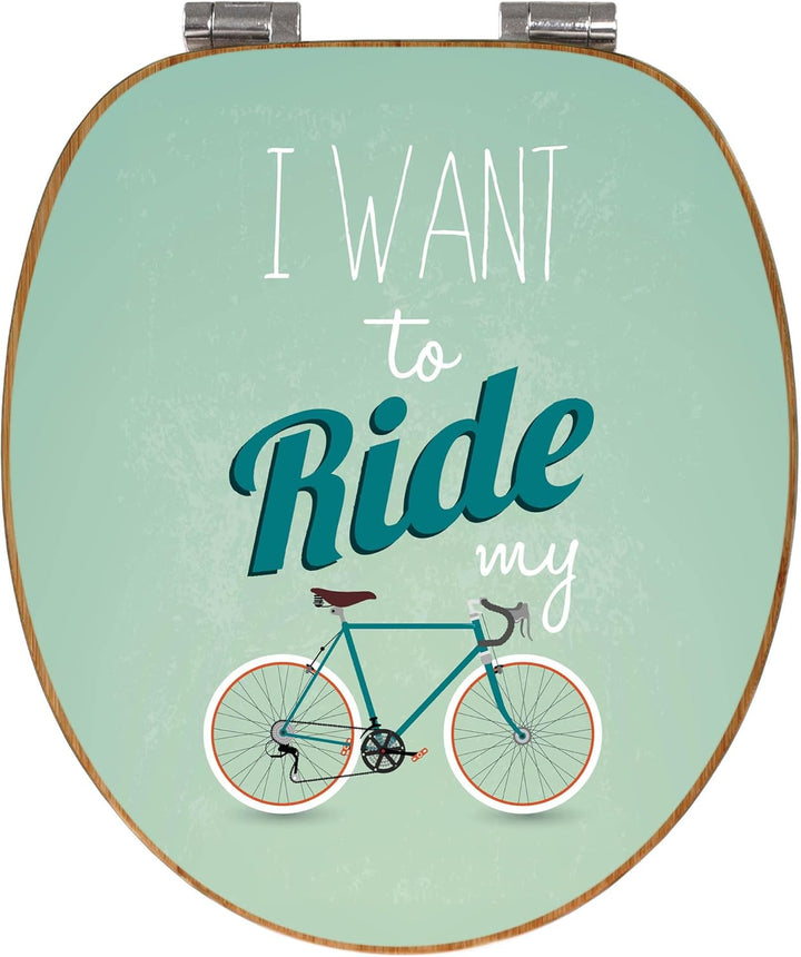 banjado® Design WC Sitz Bambus Absenkautomatik mit Motiv Ride my bike/Toilettendeckel mit Absenkauto