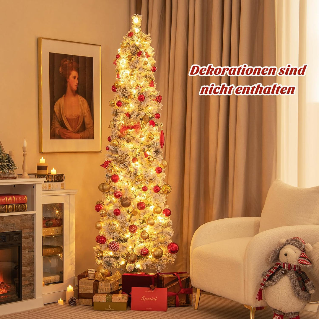 COSTWAY 180 cm Bleistift Weihnachtsbaum mit Schnee, Tannenbaum künstlich mit Beleuchtung, 150 LEDs i