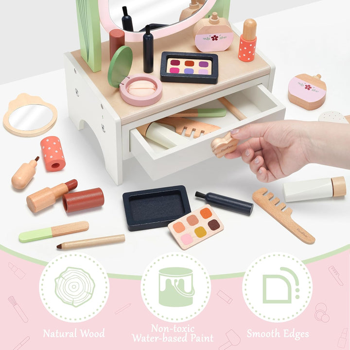 PairPear Holz-Kosmetikset für Kinder mit drehbarem Spiegel, Beauty-Salon Spielset mit 19 Zubehörteil