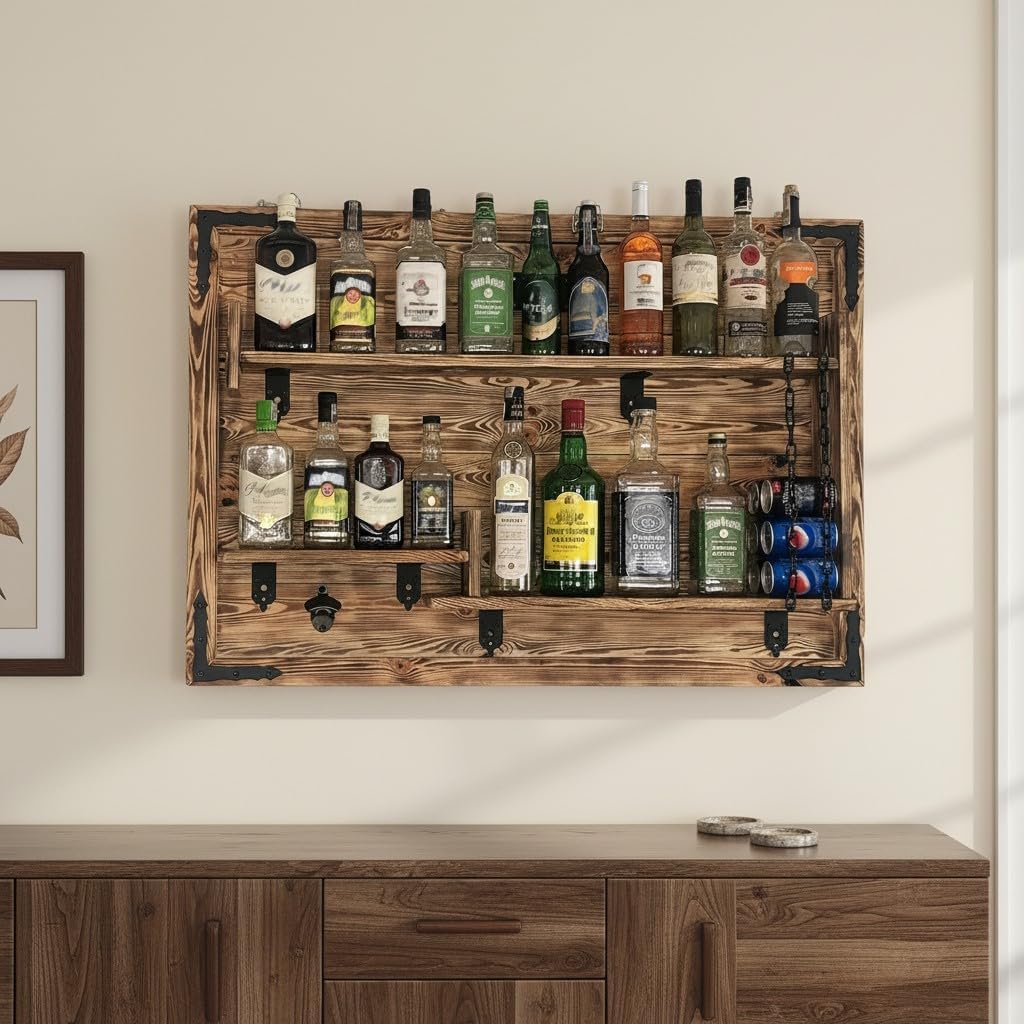 Holzregal Hausbar zum Hängen - Handgemacht Rustikale Stil Wand Bar Flaschenregal Holz - Weinbar Rega