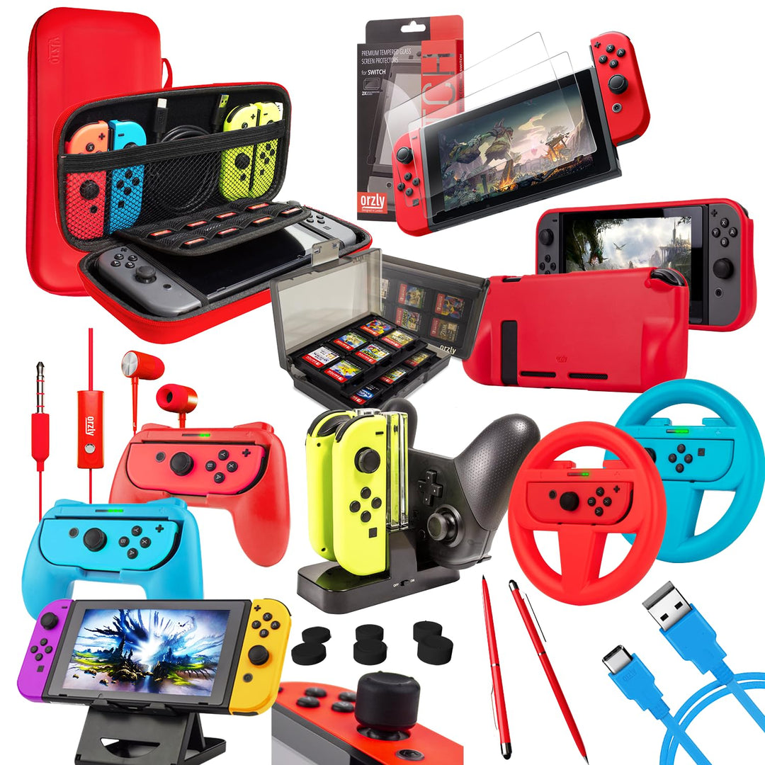 Switch Accessories Bundle - Orzly Geek Pack for Nintendo Switch: Case & Screen Protector, Joycon Gri