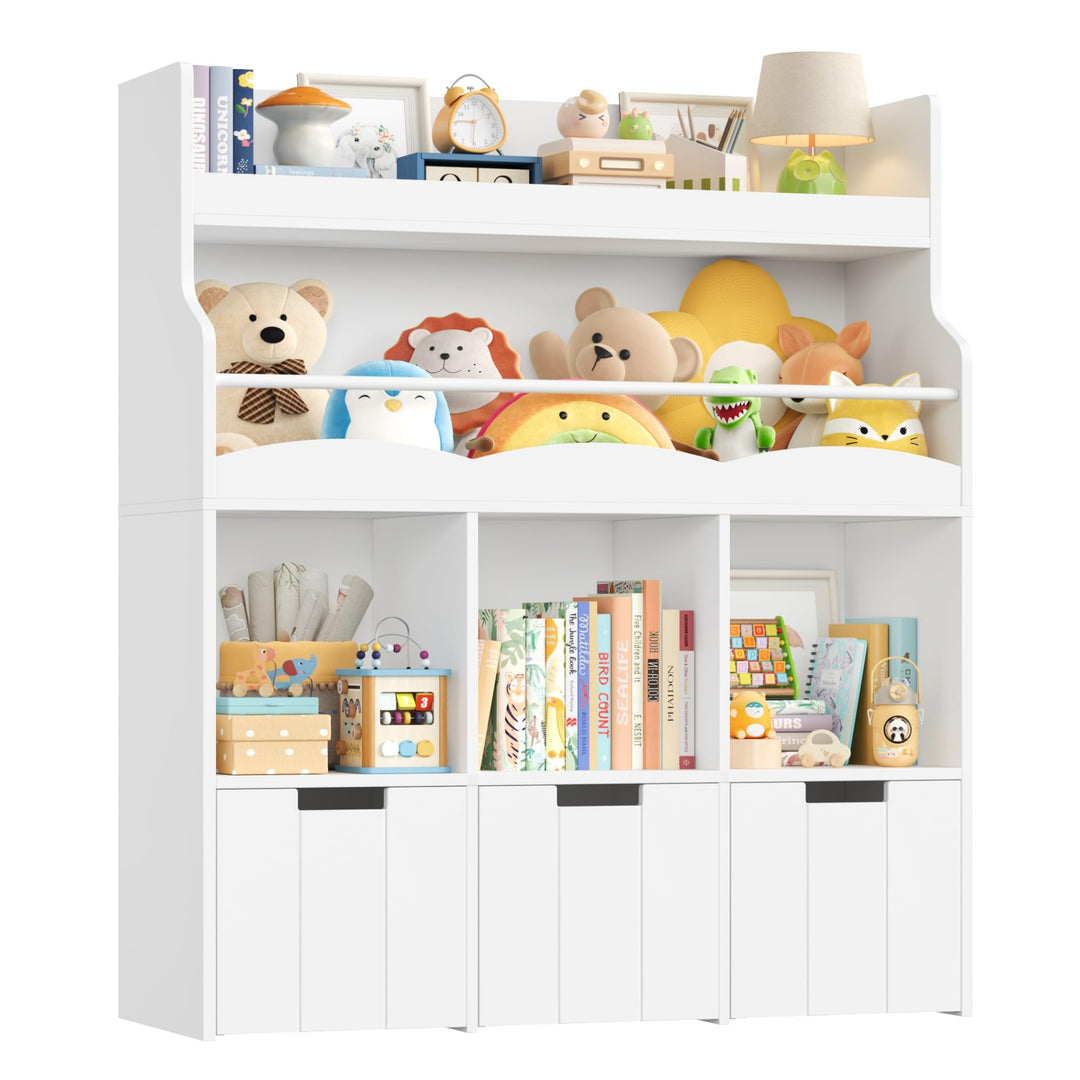 HOCSOK 110cm Kinderregal mit Boxen auf Rollen, Kinderbücherregal mit 4 Ablagefächern, Spielzeugregal