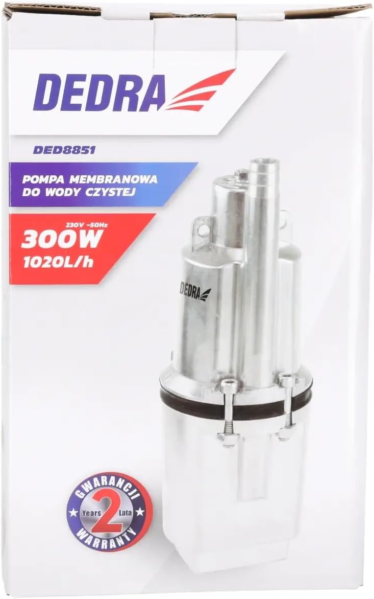 DEDRA Membranpumpe für sauberes Wasser, Tauchmembranpumpe Garden 300W, Förderhöhe 68 m, Netzkabel 10
