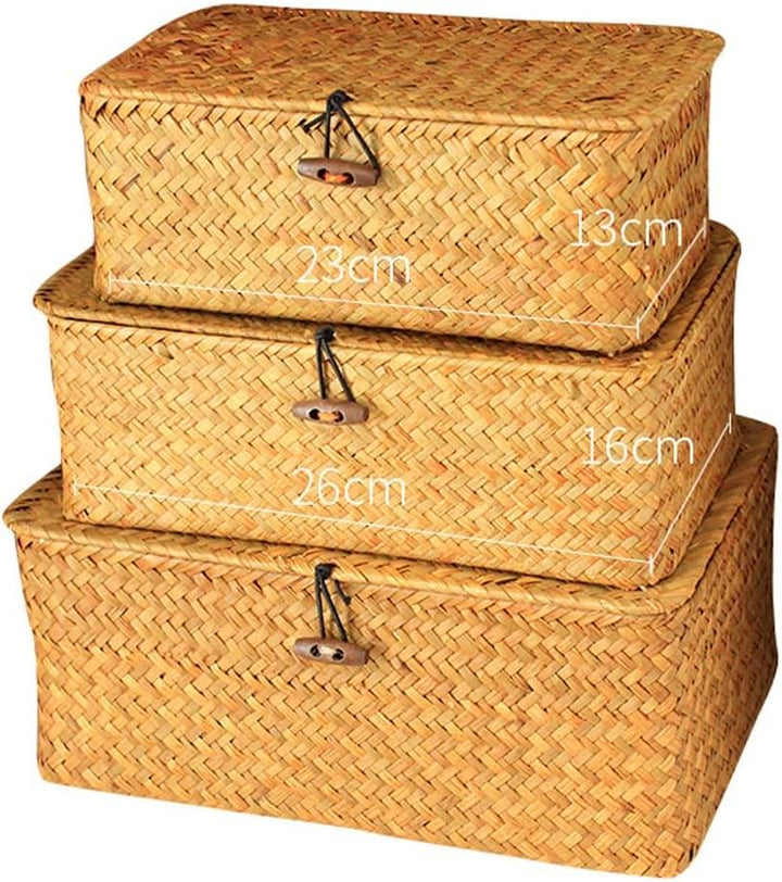 Rattankorb Aufbewahrungskorb aus Seegras Aufbewahrungsbox mit Deckel Dekobox Natürliches Material 3