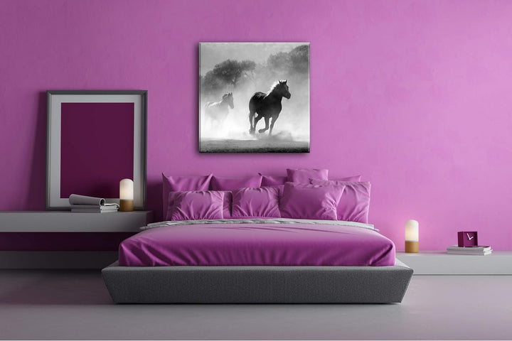 eine Pferdeherde galoppiert durch denn Nebel Format: 60x60 als Leinwandbild, Motiv fertig gerahmt au