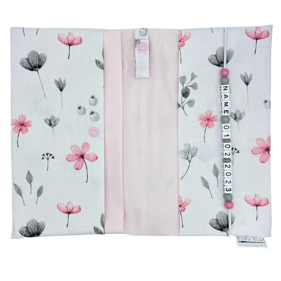 Grosse Windeltasche XXL mit Name Wickeltasche - Blumen weiss rosa grau - für Mädchen