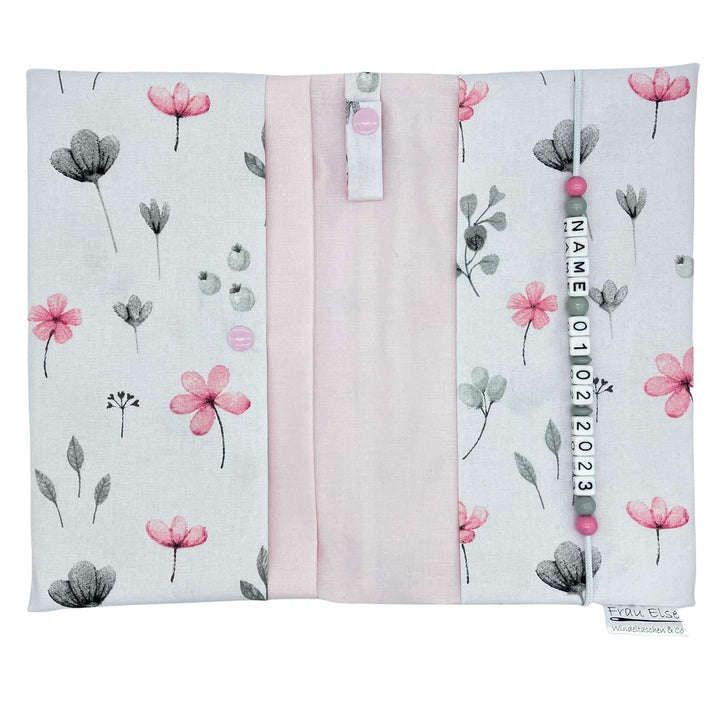 Grosse Windeltasche XXL mit Name Wickeltasche - Blumen weiss rosa grau - für Mädchen