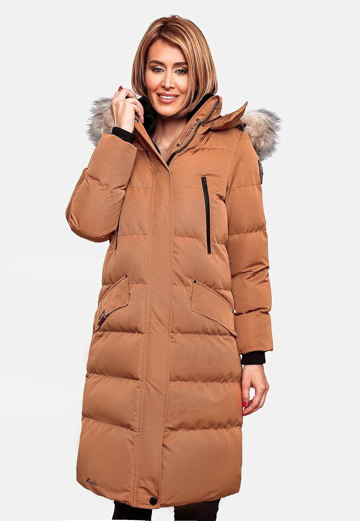 Navahoo Damen Wintermantel Warmer Steppmantel lang mit Abnehmbarer Kapuze Fahmiyaa XS-3XL S Rusty Ci