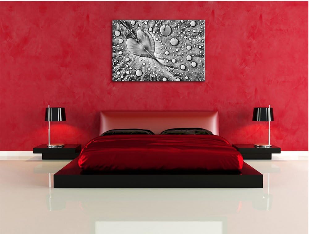 Pixxprint Monocrome, Herz aus Tautropfen auf einem Blatt, Format: 100x70 auf Leinwand, XXL riesige B