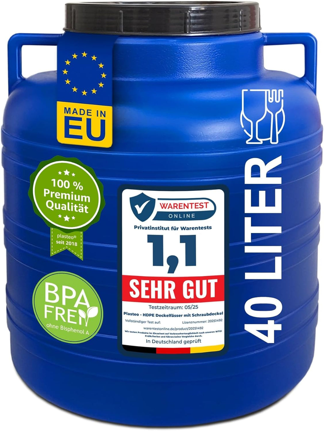 plasteo® 40 Liter Weithalsfass mit Deckel und Henkel Rund Blau, Lebensmittelecht und BPA-Frei, Futte
