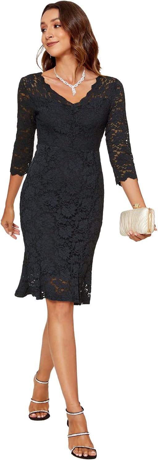 Atnlewhi Damen 3/4 Ärmel Kleid V-Ausschnitt Formeller Abend Bodycon Knielang Vintage Spitzenkleid El
